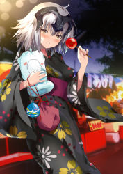 Rule 34 | 1girl, ahoge, alternate costume, bad id, bad pixiv id, blush, candy apple, commentary request, fate/grand order, fate (series), festival, floral print, food, headpiece, japanese clothes, jeanne d&#039;arc (fate), jeanne d&#039;arc alter (avenger) (fate), jeanne d&#039;arc alter (fate), kimono, obi, parted lips, pon (ponidrop), pon (ponika), sash, short hair, silver hair, solo, yellow eyes, yukata