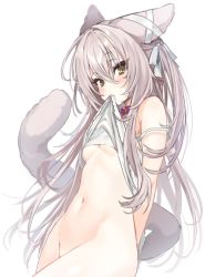 Rule 34 | 1girl, animal collar, animal ears, bare shoulders, bottomless, bow, breasts, camisole, camisole lift, cat ears, cat girl, cat tail, clothes lift, collar, ear ribbon, expressionless, grey hair, hair ribbon, lifting own clothes, long hair, mouth hold, navel, nikuya (nikuniku nikuya), no bra, one side up, original, ribbon, simple background, sketch, small breasts, stomach, strap slip, tail, very long hair, white background, white camisole, yellow eyes