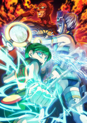 Rule 34 | 10s, 1boy, 2girls, ass, bare shoulders, blue eyes, blue hair, blue rose (tiger &amp; bunny), cape, chinese clothes, dark skin, detached sleeves, dragon kid, elbow gloves, electricity, enmto, fire, fire emblem (tiger &amp; bunny), gloves, glowing, glowing eyes, green hair, hat, huang baoling, ice, karina lyle, mask, multiple girls, nathan seymour, ponytail, short hair, spandex, superhero costume, thighhighs, tiger &amp; bunny