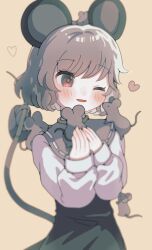 Rule 34 | 1girl, ;d, animal, brown eyes, commentary request, dress, grey dress, grey hair, heart, highres, holding, holding animal, long sleeves, mouse (animal), mouse girl, mouse tail, nazrin, one eye closed, open mouth, short hair, simple background, smile, stella (pokopokobanana), tail, touhou, yellow background