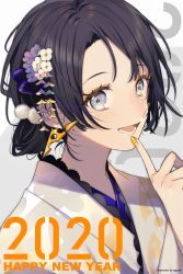 Rule 34 | 1girl, 2020, :d, artist name, black hair, blush, earrings, english text, flower, grey eyes, grey kimono, hair flower, hair ornament, happy new year, highres, index finger raised, japanese clothes, jewelry, kimono, looking at viewer, nail polish, new year, open mouth, pom pom (clothes), purple flower, smile, sogawa, solo, upper body, white flower, yellow nails