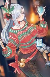 Rule 34 | 1girl, bell, black pants, breasts, choker, collarbone, commentary request, cowboy shot, genshin impact, grey eyes, grey hair, hair ornament, hair over one eye, hand up, hands up, highres, itsmandymo, jingle bell, large breasts, leggings, long hair, long sleeves, looking at viewer, mistletoe hair ornament, pants, red choker, red sweater, second-party source, shenhe (genshin impact), solo, standing, sweater, thighs, very long hair