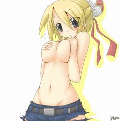 Rule 34 | 1girl, belt, black eyes, blonde hair, grabbing another&#039;s breast, breasts squeezed together, breasts, grabbing, large breasts, solo, topless, torn clothes