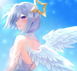 Rule 34 | 1girl, absurdres, amane kanata, angel wings, asymmetrical bangs, asymmetrical hair, backless dress, backless outfit, bare shoulders, blue hair, blue sky, blush, bob cut, colored inner hair, dress, feathered wings, from side, grey hair, hair over one eye, halo, highres, hololive, looking at viewer, median furrow, multicolored hair, parted lips, pink hair, purple eyes, short hair, single hair intake, sky, sleeveless, sleeveless dress, smile, solo, star halo, streaked hair, three quarter view, uekana9, upper body, virtual youtuber, white dress, white wings, wings