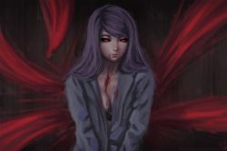 Rule 34 | 1girl, black sclera, blood, bra, breasts, closed mouth, colored sclera, kamishiro rize, long hair, looking at viewer, miura-n315, purple hair, red eyes, shirt, smile, solo, tokyo ghoul, underwear