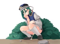 Rule 34 | 1girl, black footwear, black skirt, blue headwear, blue vest, blush, bush, covering own mouth, green eyes, green hair, hand over own mouth, hat, highres, kneehighs, long sleeves, looking down, mob cap, panties, panty pull, peeing, puddle, rock, shiki eiki, shirt, shoes, short hair, skirt, socks, squatting, sweat, touhou, underwear, vest, white background, white panties, white shirt, white socks, wide sleeves, yoruma