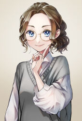 Rule 34 | 1girl, absurdres, arm at side, bespectacled, blue eyes, brown background, brown hair, closed mouth, collared shirt, finger to cheek, fingernails, glasses, gradient background, grey sweater vest, hand up, highres, honami hisame, index finger raised, long sleeves, looking at viewer, nail polish, parted bangs, ponytail, puffy long sleeves, puffy sleeves, round eyewear, shirt, short hair, shoujo kageki revue starlight, smile, solo, sweater vest, tareko, upper body, wavy hair, white shirt, yellow-framed eyewear, yellow nails