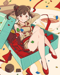 Rule 34 | 1girl, bare legs, beige jacket, beige shorts, brown eyes, brown hair, chocolate, commentary request, confetti, double bun, giving, hair bun, highres, idolmaster, idolmaster shiny colors, kakuzato, knees up, looking at viewer, red footwear, short twintails, sitting, solo, sonoda chiyoko, thighs, twintails