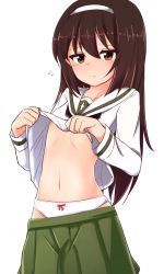 Rule 34 | 10s, 1girl, black hair, black neckerchief, blouse, bow, bow panties, brown eyes, chawan (yultutari), closed mouth, clothes lift, clothes pull, commentary request, cowboy shot, flying sweatdrops, girls und panzer, green skirt, hairband, highres, light smile, long hair, long sleeves, looking at viewer, miniskirt, navel, neckerchief, ooarai school uniform, panties, pleated skirt, reizei mako, school uniform, serafuku, shirt, shirt lift, simple background, skirt, skirt pull, solo, standing, underwear, undressing, white background, white hairband, white panties, white shirt