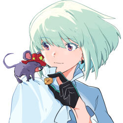 Rule 34 | 1boy, ahoge, animal, animal on shoulder, black gloves, cheese, colored eyelashes, commentary, earrings, english commentary, feeding, food, gloves, green hair, half gloves, holding, holding food, jewelry, lio fotia, long sleeves, male focus, mouse (animal), no jacket, ns1123, promare, purple eyes, red headwear, shirt, short hair, simple background, smile, solo focus, trap, triangle earrings, vinny (promare), white background, white shirt