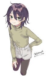 Rule 34 | 1girl, bags under eyes, black pantyhose, cropped legs, dated, female focus, green eyes, grey shorts, hair between eyes, hand on own hip, long sleeves, looking at viewer, maze (gochama ze gohan), medium hair, original, pantyhose, pantyhose under shorts, purple hair, shirt tucked in, shorts, signature, simple background, smile, solo, white background