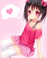 Rule 34 | 10s, 1girl, amashiro natsuki, bad id, bad pixiv id, badge, black hair, blush, bow, button badge, casual, child, frilled skirt, frills, hair bow, heart, looking at viewer, love live!, love live! school idol project, nachi, off shoulder, red eyes, red shirt, shirt, sitting, skirt, smile, solo, thighhighs, tied shirt, twintails, white thighhighs, yazawa nico