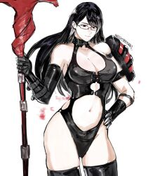 Rule 34 | 1girl, alternate costume, bare shoulders, black gloves, black leotard, black thighhighs, breasts, center opening, cleavage, cowboy shot, elbow gloves, glasses, gloves, hand on own hip, highres, holding, holding scythe, holding weapon, kamishiro rize, large breasts, leotard, long hair, navel, scythe, shoulder plates, simple background, smile, solo, standing, thighhighs, tokyo ghoul, weapon, white background, yourfreakyneighbourh