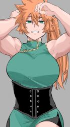 Rule 34 | 1girl, bike shorts, black corset, boku no hero academia, breasts, china dress, chinese clothes, commentary request, corset, dress, green eyes, grey background, grin, hair between eyes, hands on own head, highres, i yo ka, kendou itsuka, large breasts, long hair, looking at viewer, muscular, muscular female, orange hair, side ponytail, smile, solo