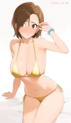 Rule 34 | 1girl, absurdres, arm up, armpits, bare shoulders, bead bracelet, beads, bikini, blush, bracelet, breasts, brown eyes, brown hair, cleavage, closed mouth, collarbone, dated, earrings, embarrassed, eyes visible through hair, highres, idolmaster, idolmaster cinderella girls, jewelry, large breasts, looking at viewer, mizuki seira, navel, onao, ribbon, short hair, side-tie bikini bottom, simple background, sitting, solo, stomach, swimsuit, white background, yellow bikini, yellow ribbon