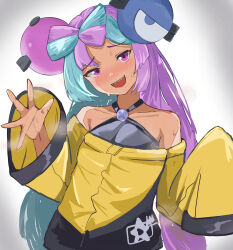 Rule 34 | 1girl, absurdres, aqua hair, bow-shaped hair, character hair ornament, creatures (company), game freak, hair ornament, highres, iono (pokemon), jacket, long hair, low-tied long hair, multicolored hair, nintendo, oversized clothes, pink eyes, pink hair, pokemon, pokemon sv, sharp teeth, sleeves past fingers, sleeves past wrists, solo, teeth, twintails, two-tone hair, very long hair, x, yellow jacket, youyoukai