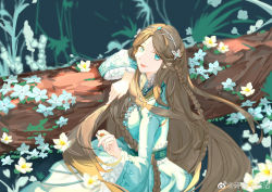 Rule 34 | 1girl, absurdres, braid, brown hair, butterfly hair ornament, douluo dalu, dress, flower, from side, grass, green dress, hair ornament, highres, log, long hair, ning rongrong (douluo dalu), shi zengyu zhanzhan, smile, solo, upper body, vegetation