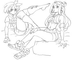 Rule 34 | 2girls, bb (baalbuddy), bea (pokemon), bow, creatures (company), crossed legs, earrings, feet, game freak, gloves, greyscale, hand on leg, highres, jewelry, leg up, long hair, looking at viewer, midriff, monochrome, multiple girls, necklace, nessa (pokemon), nintendo, pokemon, pokemon sm, pokemon swsh, short hair, shorts