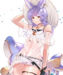 Rule 34 | 1girl, artist request, blue hair, earclip, erune, granblue fantasy, hat, highres, long hair, looking at viewer, red eyes, skindentation, solo, straw hat, sun hat, thighs, tight clothes, tikoh, tikoh (summer)
