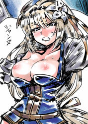 Rule 34 | 10s, 1girl, blonde hair, blue eyes, blush, breasts, breasts out, clenched teeth, flower, frown, granblue fantasy, hair between eyes, hair flower, hair ornament, hairband, jeanne d&#039;arc (granblue fantasy), large breasts, lily (flower), long hair, looking down, nipples, nose blush, solo, teeth, tukiwani, wardrobe malfunction