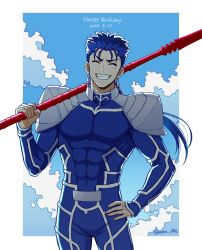 Rule 34 | 1boy, abs, armor, blue hair, blue sky, bodysuit, closed mouth, cloud, cowboy shot, cu chulainn (fate), dated, earrings, closed eyes, fate/stay night, fate (series), floating hair, gae bolg (fate), grin, hand on own hip, happy birthday, highres, holding, holding polearm, holding weapon, jewelry, cu chulainn (fate/stay night), long hair, male focus, muscular, muscular male, nora (nora f96), pauldrons, pectorals, polearm, ponytail, shoulder armor, skin tight, sky, smile, solo, spiked hair, twitter username, weapon