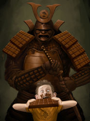 Rule 34 | 1boy, armor, blue eyes, brown hair, candy, chocolate, chocolate bar, chocolate on face, eating, eric vedder, food, food on face, japanese armor, open mouth, original, sword, weapon
