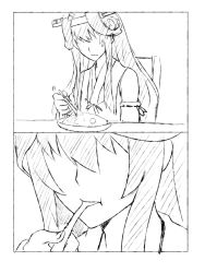 Rule 34 | 10s, 1girl, 2koma, comic, curry, curry rice, darkmaya, detached sleeves, eating, food, greyscale, headgear, kantai collection, kongou (kancolle), long hair, monochrome, nontraditional miko, remodel (kantai collection), rice, spoon, utensil in mouth, yukikaze (kancolle)