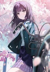 Rule 34 | 1girl, arms at sides, aroa (aroamoyasi), bicycle, black jacket, blazer, blunt bangs, blurry, blurry foreground, blush, cherry blossoms, closed mouth, collared shirt, cowboy shot, day, falling petals, from side, high-waist skirt, highres, jacket, leaning on object, long bangs, long hair, looking at viewer, open clothes, open jacket, original, outdoors, petals, plaid, plaid skirt, pleated skirt, purple eyes, purple hair, purple skirt, railing, school uniform, shirt, sidelocks, skirt, smile, solo, tree, white shirt