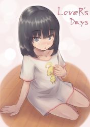 Rule 34 | 1girl, black hair, blunt bangs, blush, collarbone, flat chest, highres, himenogi rinze, jitome, looking at viewer, love r, medium hair, open mouth, oversized clothes, oversized shirt, saisho no nakama, shirt, sitting, solo