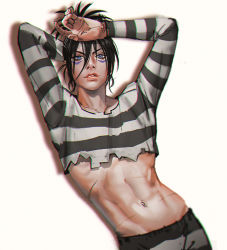 Rule 34 | 1boy, arm behind head, bishounen, black hair, chromatic aberration, collarbone, cowboy shot, crop top, facial mark, folded ponytail, hair between eyes, hand on forehead, lips, long sleeves, looking at viewer, male focus, midriff, mistermagnolia, navel, one-punch man, onsoku no sonic, parted lips, prison clothes, shirt, simple background, solo, striped clothes, striped shirt, torn clothes, white background