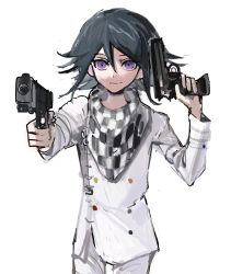 Rule 34 | 1boy, absurdres, black hair, buttons, checkered clothes, checkered neckwear, checkered scarf, danganronpa (series), danganronpa v3: killing harmony, double-breasted, foreshortening, grey jacket, gun, hair between eyes, handgun, highres, holding, jacket, long sleeves, male focus, oma kokichi, pants, pistol, purple eyes, scarf, simple background, smile, solo, tama rick, weapon, white background, white pants