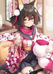 Rule 34 | 1girl, absurdres, animal ear fluff, animal ears, architecture, blue archive, blurry, blurry background, blush, closed eyes, closed mouth, colored inner animal ears, commentary request, cropped legs, east asian architecture, floral print kimono, fox ears, fox girl, fox tail, grey sailor collar, grey skirt, hair ornament, half updo, halo, highres, holding, holding needle, holding stuffed toy, indoors, inre kemomimi, izuna (blue archive), japanese clothes, kimono, looking at viewer, neckerchief, needle, obi, one side up, pink halo, pink kimono, pink neckerchief, pink scarf, pleated skirt, pom pom (clothes), pom pom hair ornament, rope, sailor collar, sash, scarf, seiza, sewing needle, shimenawa, shirt, short hair, sitting, skirt, sleeveless, sleeveless shirt, smile, solo, stuffed animal, stuffed fox, stuffed toy, tail, tailor, white shirt, yellow eyes