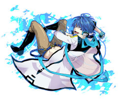 Rule 34 | (#)w(#), 1boy, blue eyes, blue hair, blue scarf, boots, headphones, kaito (vocaloid), male focus, matching hair/eyes, scarf, smile, solo, vocaloid