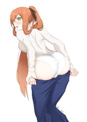 Rule 34 | 1girl, absurdres, artist request, ass, blush, breasts, cameltoe, denim, embarrassed, from behind, girls&#039; frontline, green eyes, hair over one eye, hair ribbon, highres, huge ass, jeans, large breasts, long hair, looking at viewer, open mouth, orange hair, panties, pants, ponytail, ribbon, sideboob, solo, springfield (girls&#039; frontline), underwear, undressing, very long hair
