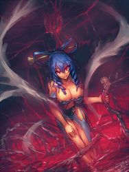 Rule 34 | &gt;:), 1girl, blue dress, blue hair, bone, breasts, cleavage, dress, drill hair, eyes visible through hair, fetus, grin, hair ornament, hair rings, hair stick, heart (organ), highres, kaku seiga, large breasts, leaning forward, long hair, looking at viewer, melon22, partially submerged, pool of blood, red eyes, shawl, smile, solo, standing, torn clothes, torn dress, touhou, twin drills, v-shaped eyebrows