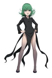 Rule 34 | 1girl, bare legs, black dress, breasts, covered navel, curly hair, dress, female focus, full body, green eyes, green hair, high heels, highleg, highres, matching hair/eyes, official art, one-punch man, pelvic curtain, serious, shiny skin, short hair, simple background, small breasts, solo, tatsumaki, thick thighs, thighs, white background