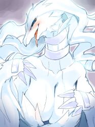 Rule 34 | 1girl, animal hands, blue eyes, blush, body fur, breasts, claws, cleavage, collarbone, creatures (company), dragon girl, female focus, furry, furry female, game freak, gen 5 pokemon, half-closed eyes, hands up, happy, highres, huge breasts, jewelry, kame (3t), legendary pokemon, long hair, long neck, long tongue, looking at viewer, neck ring, nintendo, open mouth, outline, personification, pokemon, pokemon (creature), profile, purple background, reshiram, saliva, simple background, smile, snout, solo, tongue, tongue out, upper body, white fur, white hair, white outline