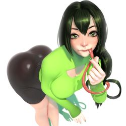 Rule 34 | 1girl, absurdres, alternate costume, ass, asui tsuyu, bent over, black skirt, blouse, boku no hero academia, breasts, cleavage, frog girl, green eyes, green hair, green nails, green shirt, highres, large breasts, lips, looking at viewer, nail polish, popogori, see-through, see-through skirt, shadow, shirt, simple background, skirt, solo, thighs, tongue, tongue out, white background