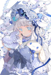 Rule 34 | 1girl, aano (10bit), absurdres, animal ears, black bow, blue eyes, blue flower, blue nails, blue rose, blue theme, bonnet, bow, cinnamoroll, closed mouth, colored eyelashes, commentary request, dress, fake animal ears, flower, grey dress, grey hair, hair flower, hair ornament, hands up, heart, highres, holding, long sleeves, looking at viewer, multicolored nails, nail polish, puffy long sleeves, puffy sleeves, rabbit, rabbit ears, rose, sanrio, simple background, white background, white headwear, white nails