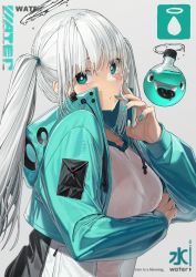 Rule 34 | 1girl, blue eyes, blue jacket, blue nails, breasts, closed mouth, cropped jacket, flask, halo, highres, jacket, large breasts, long hair, long sleeves, looking at viewer, melting halo, nail polish, noeru, open clothes, open jacket, original, revision, shirt, silver hair, solo, twintails, upper body, wet, wet clothes, wet shirt, white shirt