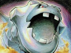 Rule 34 | creatures (company), fangs, game freak, gen 2 pokemon, looking to the side, nintendo, no humans, pokemon, pokemon (creature), ray 0 zero, red eyes, scan, serious, simple background, solo, spikes, steelix, teeth, traditional media