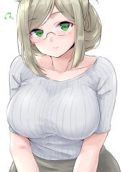 Rule 34 | 1girl, ?, breasts, closed mouth, collarbone, ear piercing, folded ponytail, glasses, green eyes, grey shirt, grey skirt, highres, kantai collection, katori (kancolle), large breasts, light brown hair, long hair, piercing, shirt, short sleeves, simple background, skirt, smile, solo, takomeshi, white background