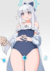 Rule 34 | 1girl, bare shoulders, blue archive, blue halo, blue one-piece swimsuit, commentary request, covered navel, frilled one-piece swimsuit, frills, gameplay mechanics, gradient background, grey background, halo, highres, long hair, looking at viewer, miyako (blue archive), miyako (swimsuit) (blue archive), off-shoulder one-piece swimsuit, off shoulder, official alternate costume, one-piece swimsuit, ponytail, purple eyes, swimsuit, white hair, yuuichi (reductionblack)