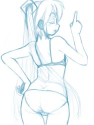 Rule 34 | 1girl, arched back, ass, blue theme, bra, closed eyes, from behind, hand on own hip, hatsune miku, long hair, monochrome, o-minato, open mouth, panties, pointing, sketch, solo, thigh gap, twintails, underwear, underwear only, very long hair, vocaloid