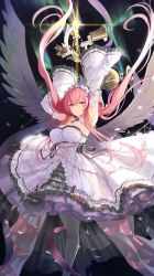 Rule 34 | 1girl, angel wings, arms up, aurora, azur lane, breasts, detached sleeves, dress, frilled dress, frills, highres, large breasts, long hair, nanam (nanam sk), perseus (azur lane), petals, pink eyes, pink hair, solo, staff, twintails, very long hair, white headwear, white legwear, wings