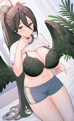 Rule 34 | 1girl, absurdres, black bra, black choker, black feathers, black wings, blue archive, blue shorts, bra, breasts, choker, cleavage, clothes lift, condom, condom wrapper, feathered wings, feathers, halo, hasumi (blue archive), hasumi (track) (blue archive), high ponytail, highres, holding, holding condom, large breasts, light frown, long hair, looking at viewer, mole, mole under eye, navel, red eyes, shirt lift, short shorts, shorts, solo, stomach, thighs, uka (315302627), underwear, very long hair, wings