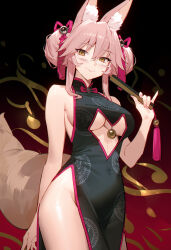 Rule 34 | 1girl, 95---, animal ear fluff, animal ears, bare shoulders, bell, black dress, black gloves, breasts, china dress, chinese clothes, clothing cutout, commentary request, double bun, dress, fate/grand order, fate (series), folded fan, folding fan, fox ears, fox girl, fox tail, gloves, hair between eyes, hair bun, hand fan, highres, holding, holding fan, jingle bell, koyanskaya (chinese lostbelt outfit) (fate), koyanskaya (fate), large breasts, long hair, looking at viewer, pink hair, semi-rimless eyewear, side slit, simple background, solo, tail, tamamo (fate), underboob, underboob cutout, white-framed eyewear, yellow eyes