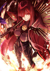 Rule 34 | 1girl, black bodysuit, bodysuit, breasts, cape, chain, crest, family crest, fate/grand order, fate (series), fire, grin, hair over one eye, katana, koha-ace, large breasts, long hair, looking at viewer, oda nobunaga (fate), oda nobunaga (koha-ace), oda nobunaga (maou avenger) (fate), oda uri, red eyes, red hair, smile, solo, sword, tyone, very long hair, weapon