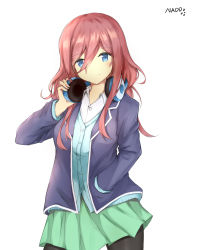 Rule 34 | 1girl, artist name, black pantyhose, blazer, blue cardigan, blue eyes, breasts, brown hair, cardigan, closed mouth, commentary request, go-toubun no hanayome, green skirt, hair between eyes, hand on headphones, headphones, headphones around neck, highres, jacket, long sleeves, looking at viewer, medium breasts, nakano miku, omuretu (butterroru), pantyhose, shirt, simple background, skirt, solo, standing, white background, white shirt