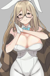 Rule 34 | 1girl, akane (blue archive), akane (bunny) (blue archive), animal ears, bare shoulders, blonde hair, blue archive, blush, breasts, brown eyes, cleavage, detached collar, fake animal ears, glasses, gloves, highleg, highleg leotard, large breasts, leaning forward, leotard, long hair, looking at viewer, mitche, pantyhose, playboy bunny, rabbit ears, shawl, smile, solo, strapless, strapless leotard, thighs, white gloves, white leotard, white pantyhose